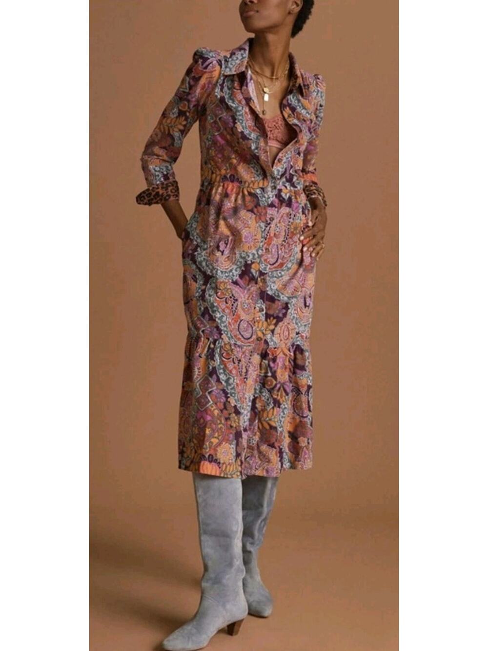 Pilcro Anthropologie Flounced Corduroy Midi Dress Floral Leopard Sz Small